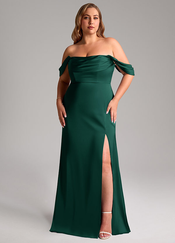 Azazie Saige Bridesmaid Dresses Emerald Sheath Off the Shoulder Stretch Satin Dress image1