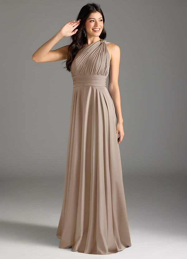 Azazie Charlize Bridesmaid Dresses Taupe A-Line One Shoulder Stretch Satin Dress image1