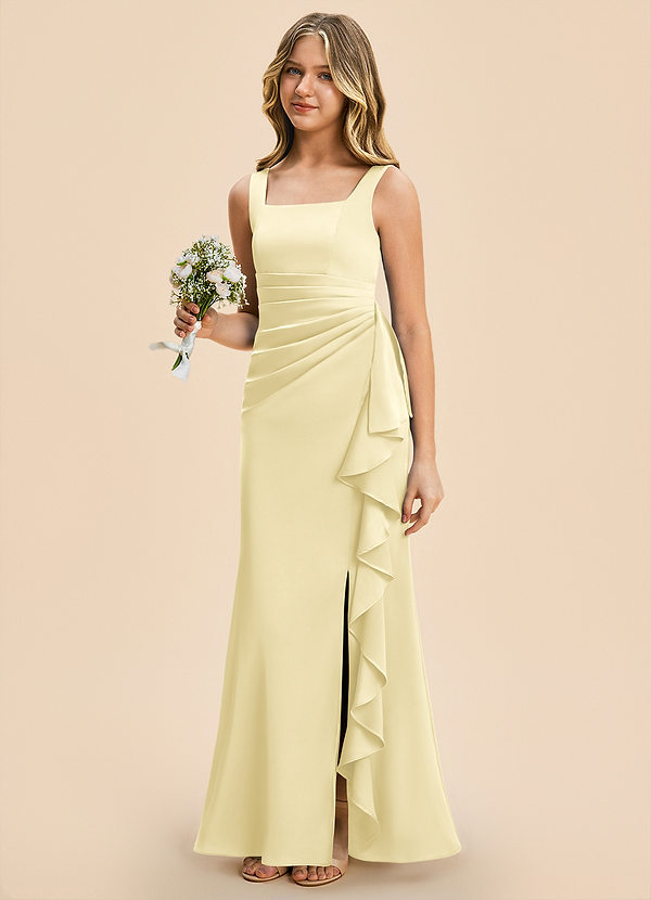 Azazie Adrienne Junior Lemon Sorbet Sheath Pleated Stretch Satin Dress image1