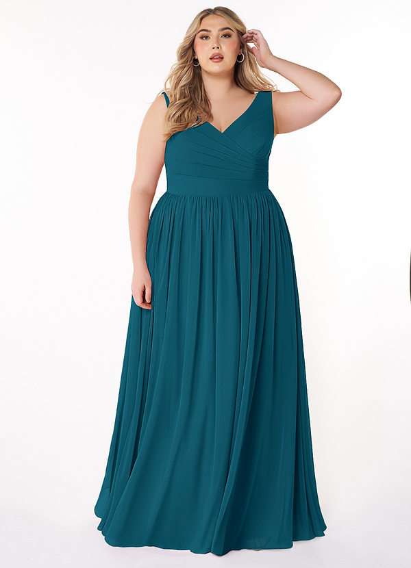 Azazie Keyla Bridesmaid Dresses Ink Blue A-Line V-Neck Pleated Chiffon Dress image1