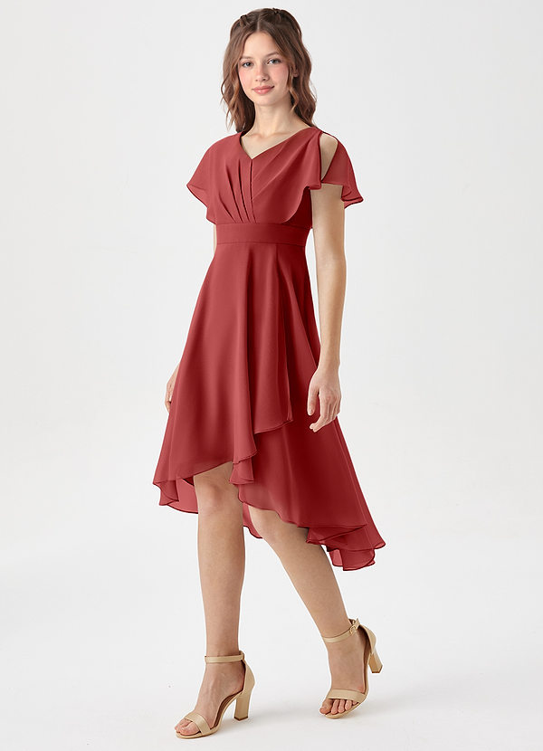 Azazie Graciela Junior Rust A-Line Pleated Chiffon Dress image1
