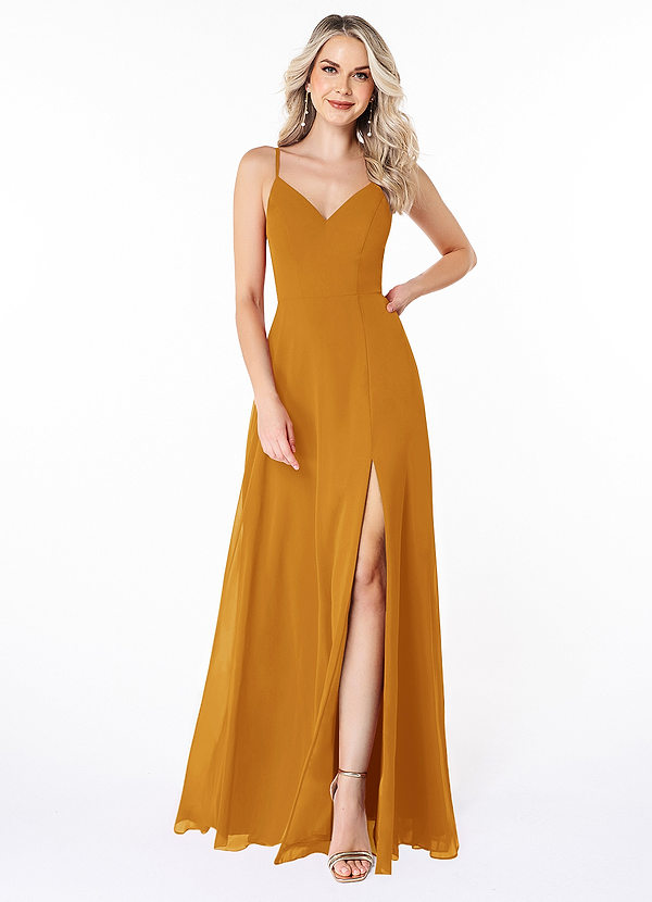 Azazie Lena Bridesmaid Dresses Butterscotch A-Line Lace Chiffon Dress image1
