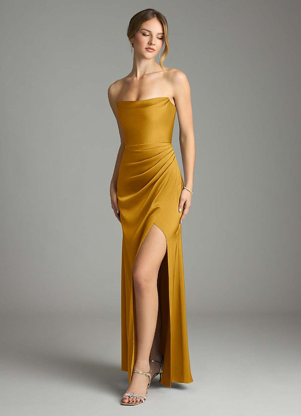 Azazie Leonis Bridesmaid Dresses Butterscotch Mermaid Pleated Stretch Satin Convertible Dress image1