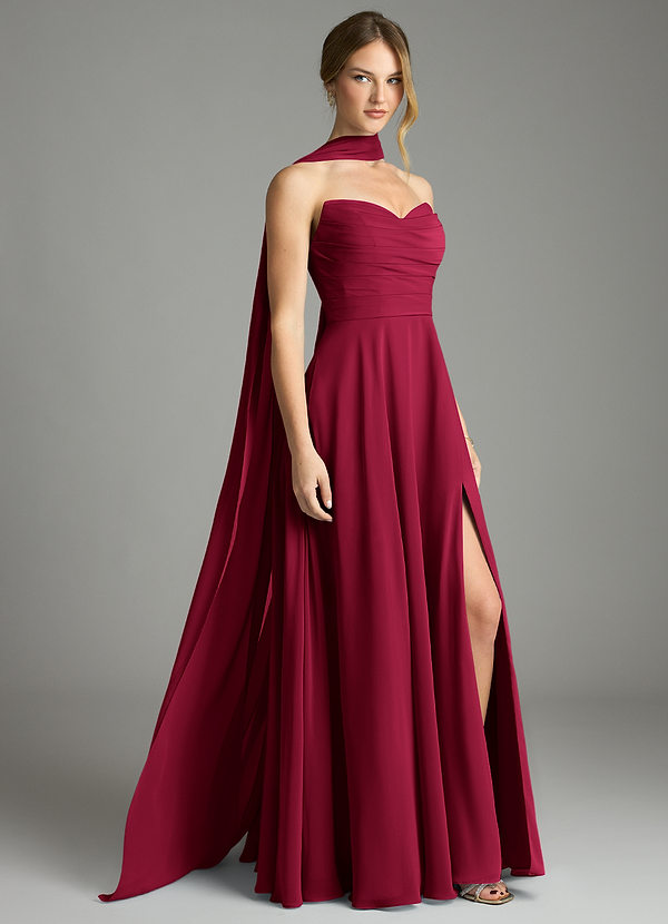 Azazie Ayla Vestidos de dama de honor Vestido Borgoña de Gasa de Línea A con Escote corazón image1