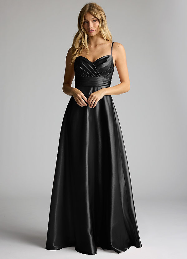 Azazie Oliana Bridesmaid Dresses Black A-Line Pleated Metallic Satin Dress image1