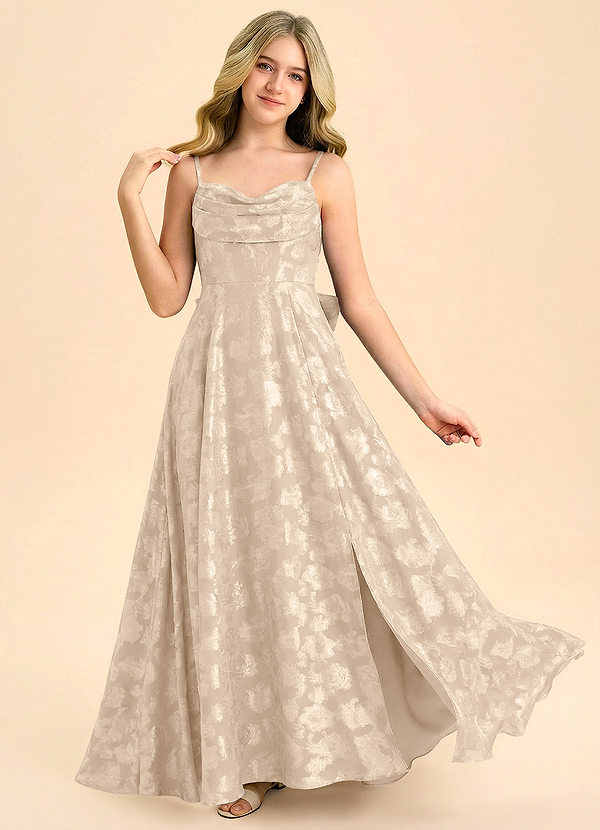 Azazie Bear Junior Formal A라인 주름진 플로럴 번아웃 플로어 길이 주니어 신부 들러리 드레스 image1