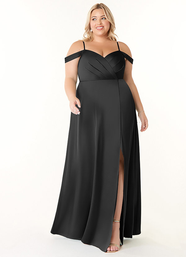 Azazie Ocean Brautjungfernkleider A-Linie V-Hals Gefaltet Stretch-Satin Kleid Schwarz image1
