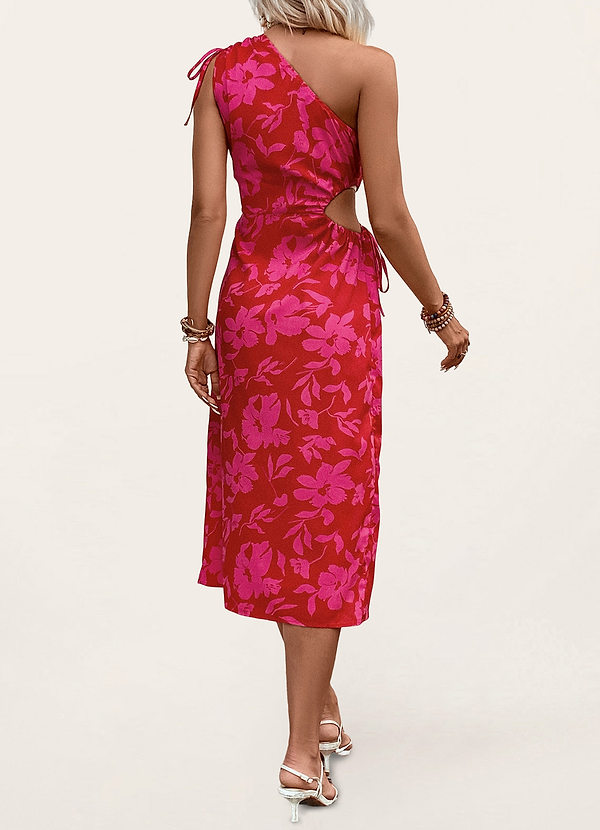 back Osceola Fuchsia Floral Print One-Shoulder Cutout Midi Dress