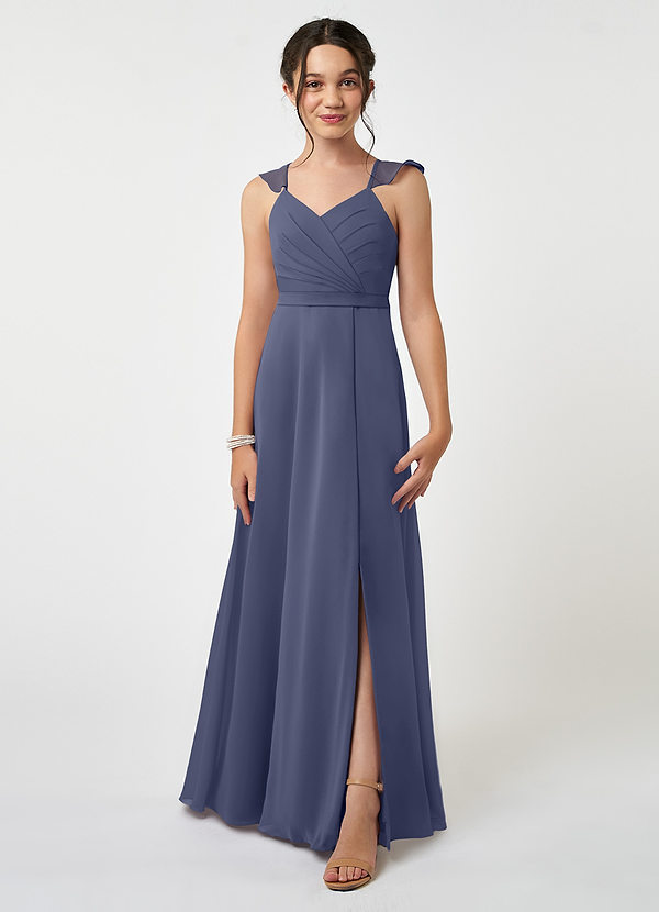Azazie Emily Junior Robe Trapèze en Mousseline de soie Rayé Bleu Orageux image1