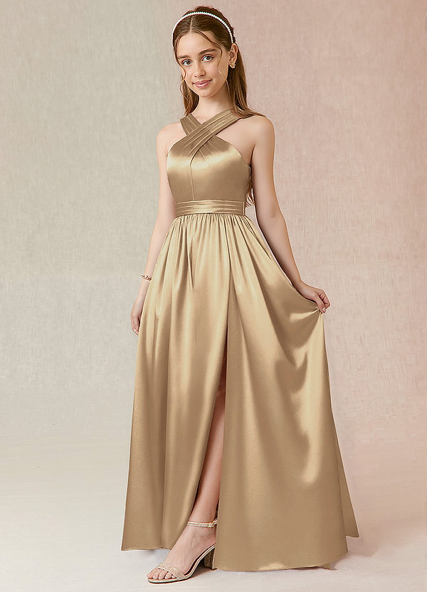 Azazie Jiya Junior Robe Trapèze en Satiné métallisé Plissée Champagne image1
