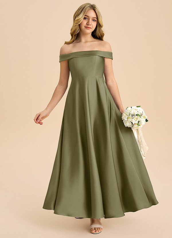 Azazie Sissy Junior Abito A-Line in Raso Elasticizzato a Spalla Scoperta Pistacchio image1