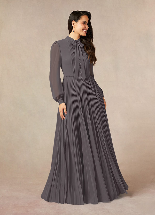 A-line Short Sleeves Lace Top Pleated Chiffon Dress Steel Grey