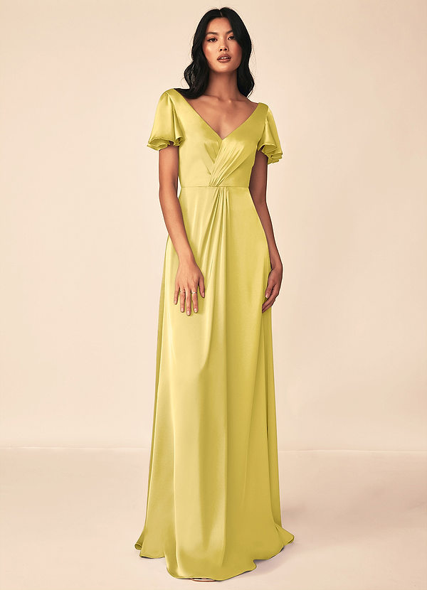 Azazie Soren Bridesmaid Dresses Canary A-Line Pleated Stretch Satin Dress image1