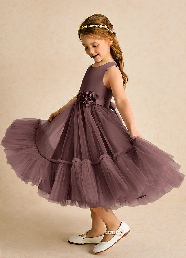 Azazie Miracle Abiti da Ragazza di Fiori Abito A-Line in Raso Opaco Fiocco Espresso image1