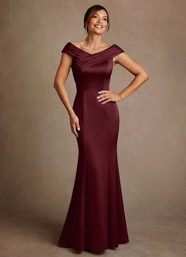 Azazie Aberdeen Mother of the Brides Dresses Cabernet Sheath Pleated Stretch Satin Dress image1