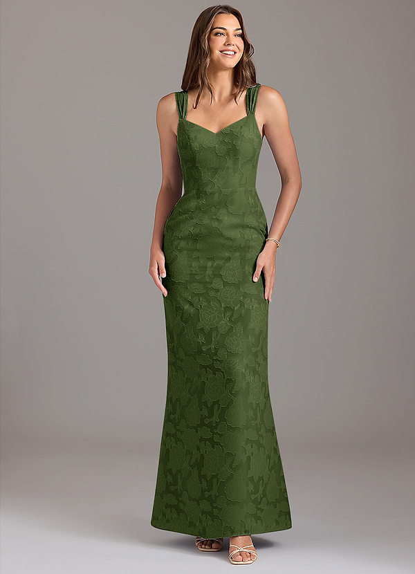 Azazie Denice Bridesmaid Dresses Olive A-Line Pleated Floral Burnout Dress image1