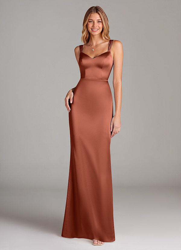 Azazie Denice Bridesmaid Dresses Clay Sheath Pleated Stretch Satin Dress image1