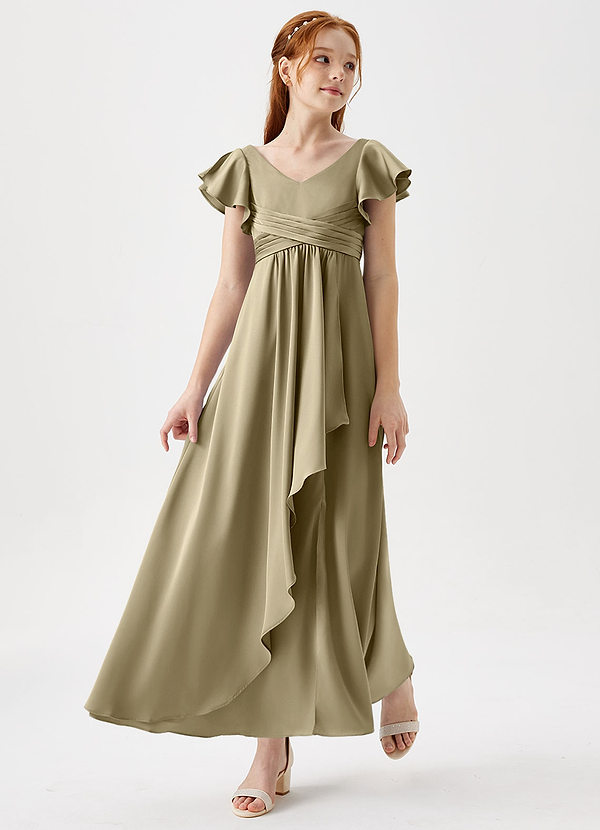 Azazie Omari Junior Moss Green A-Line Pleated Stretch Satin Dress image1