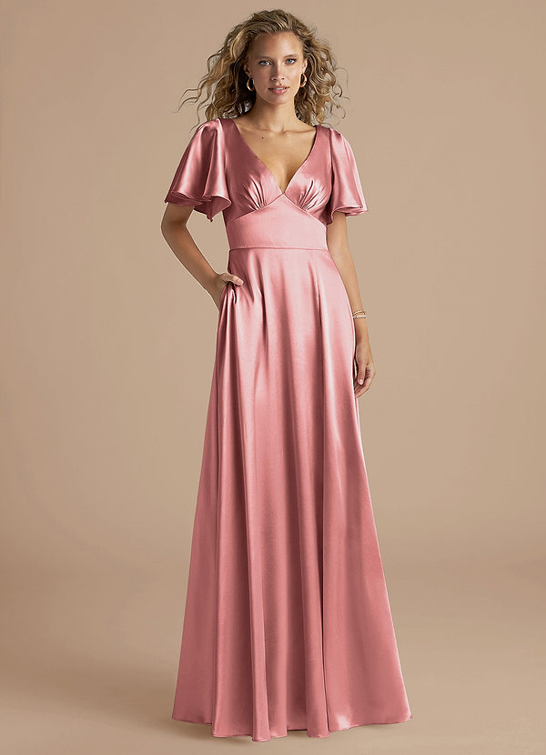 Azazie Kimber Bridesmaid Dresses Rosette A-Line Ruched Metallic Satin Dress image1