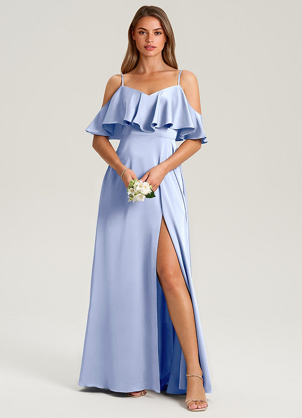 Azazie Jean Bridesmaid Dresses Ice A-Line Off the Shoulder Stretch Satin Dress image1
