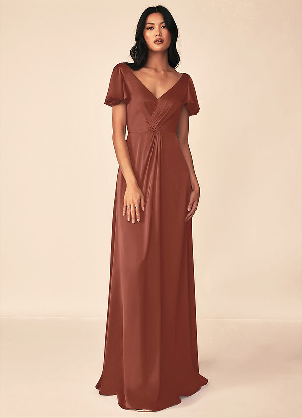 Azazie Soren Bridesmaid Dresses Auburn Flowy Pleated Stretch Satin Dress image1