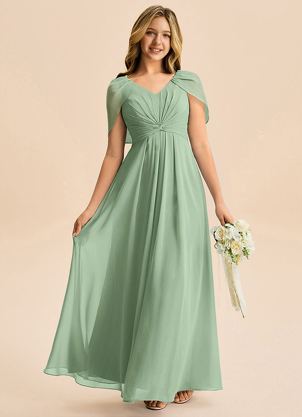 Azazie Emma Junior Robe Trapèze en Mousseline de soie Plissée Matcha image1