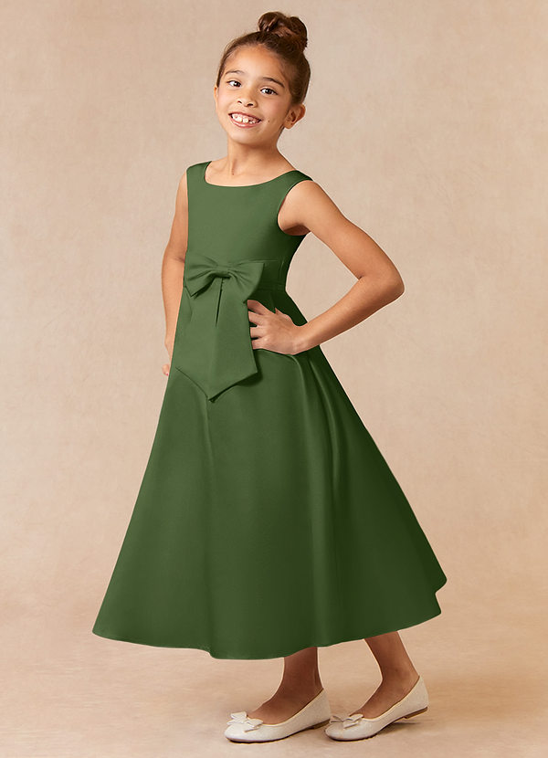 Azazie Lindy Flower Girl Dresses Olive A-Line Pleated Matte Satin Dress image1