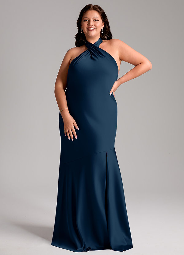 Azazie Lorena Robes Demoiselle d'honneur Robe Sirène en Satin extensible Plissée Bleu Marine Foncé image1