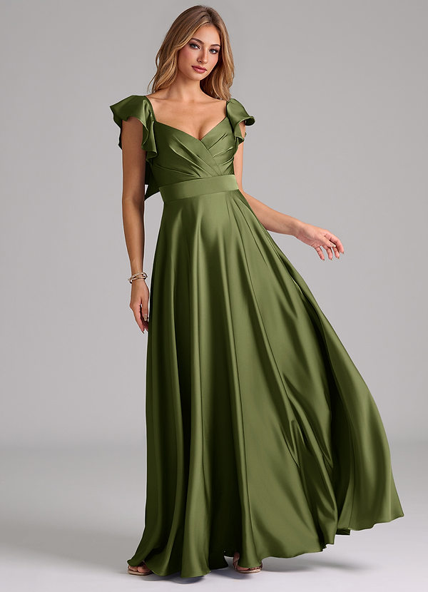 Azazie Leilani Bridesmaid Dresses Olive A-Line Ruched Stretch Satin Dress image1