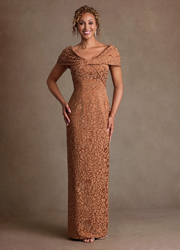 Azazie Atkins Caramel Cocoa Column Off the Shoulder Floral