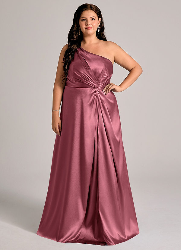 Azazie Brooke Bridesmaid Dresses Desert Rose A-Line One Shoulder Metallic Satin Dress image1