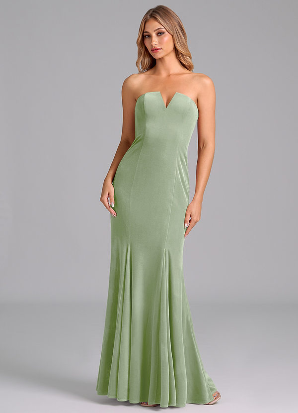 Azazie Yinnie Robes Demoiselle d'honneur Robe Sirène Convertible en velours Sans bretelle Vert Sauge image1