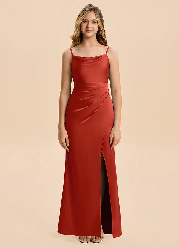 Azazie Christen Junior Rust A-Line Pleated Stretch Satin Dress image1