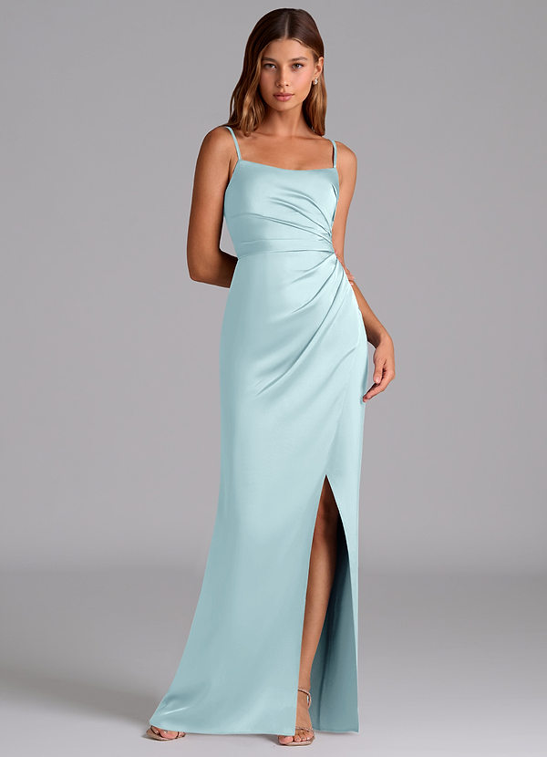 Azazie Calandra Robes Demoiselle d'honneur Robe Trapèze en Satin extensible Plissée Bleu Nuage image1