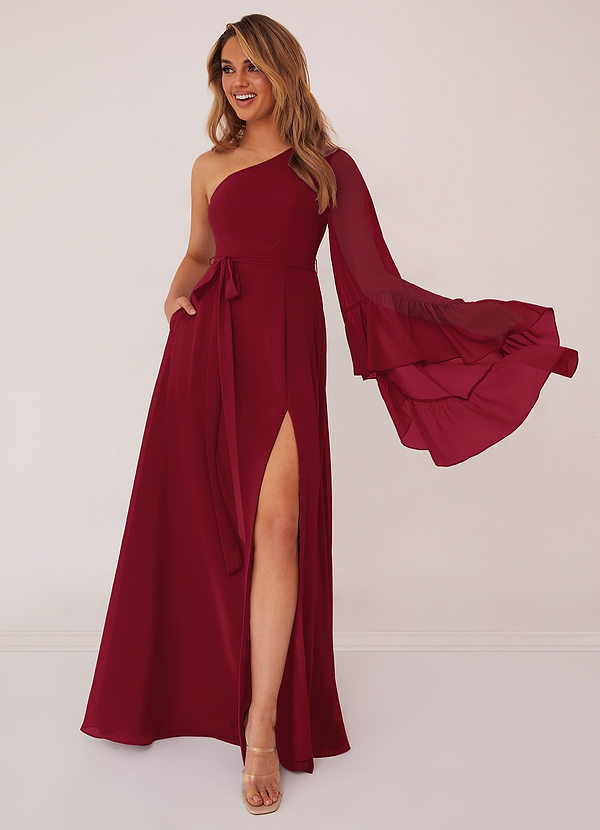 Barbie ♥ Azazie Bridesmaid Dresses Burgundy A-Line Long Sleeve Chiffon Dress image1