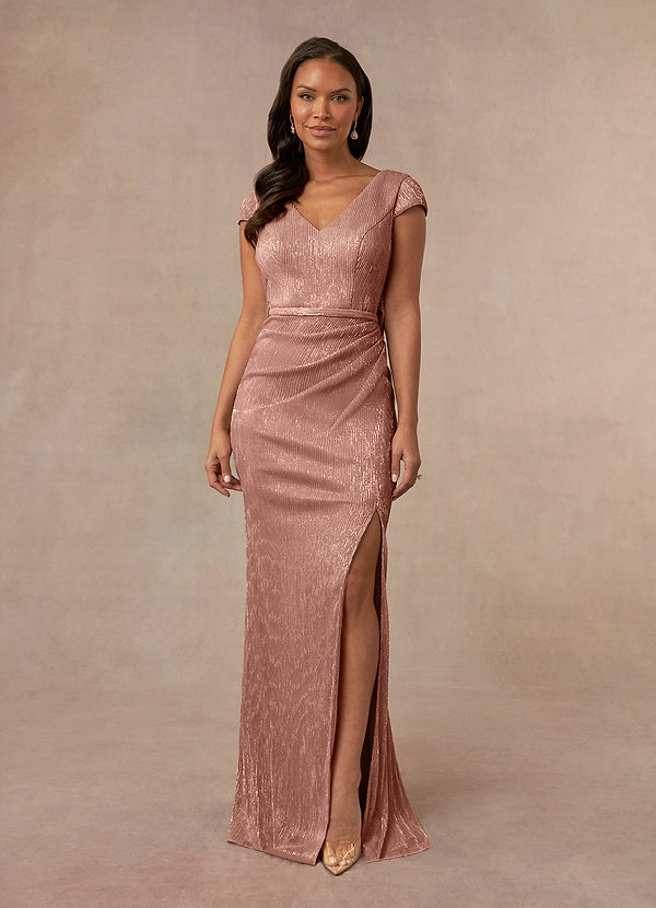 Azazie Galilea Mother of the Brides Dresses Rose Gold Mermaid V-Neck Metallic Mesh Dress image1