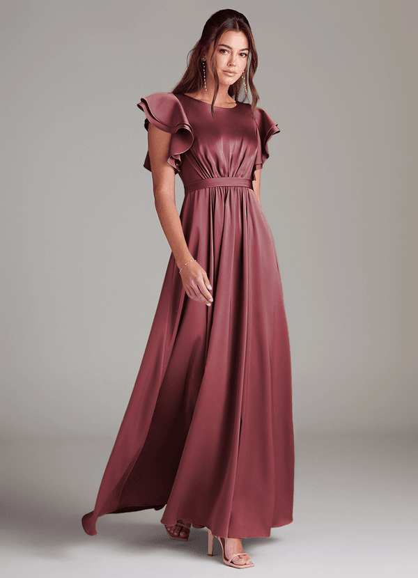 Azazie Daphne Modest Bridesmaid Dresses A-Line Ruched Stretch Satin Floor-Length Dress image1