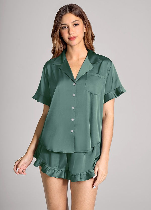front Matching Color Ruffled Satin Short Sleeve Pajama Set