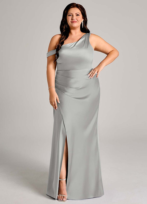Azazie Madelyn Bridesmaid Dresses Silver Mermaid One Shoulder Stretch Satin Convertible Dress image1