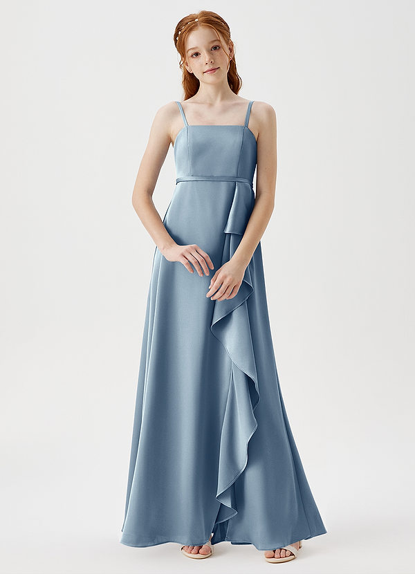 Azazie Kaylee Junior Dusty Blue A-Line with Belt Stretch Satin Dress image1