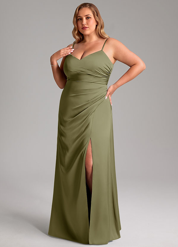 Azazie Azuree Bridesmaid Dresses Pistachio A-Line Pleated Stretch Satin Dress image1
