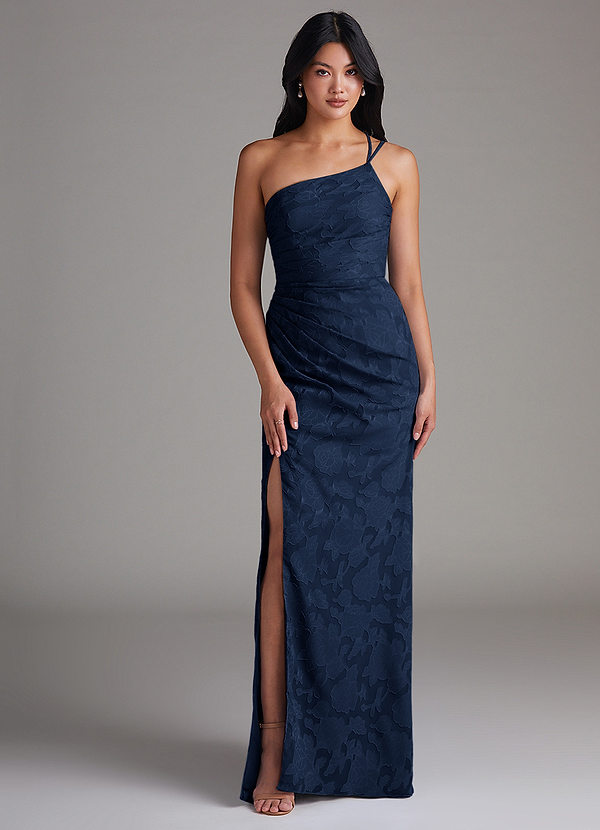 Azazie Eren Bruidsmeisjes Jurken Jurk van Bloemen Burn-out met Kolom One-Shoulder Donkere Marine image1