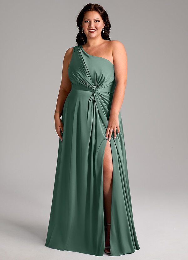 Azazie Brooke Bridesmaid Dresses Eucalyptus A-Line One Shoulder Stretch Satin Dress image1