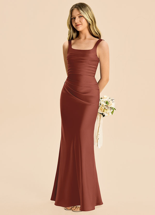 Azazie Agustina Junior Auburn Sheath Pleated Stretch Satin Dress image1