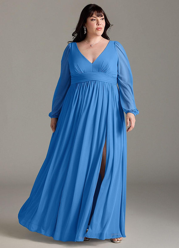 Azazie Norah Bridesmaid Dresses Blue Jay A-Line V-Neck Long Sleeve Chiffon Dress image1