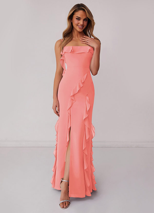 Barbie ♥ Azazie Bridesmaid Dresses Coral Sheath Bow Chiffon Dress image1
