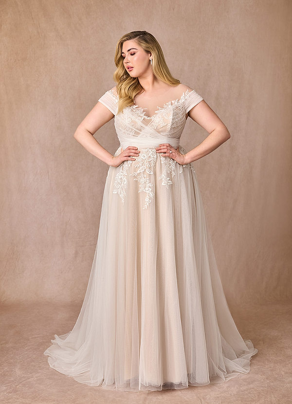 Azazie Cindy Trouwjurken Jurk van Tule met A-Lijn Illusie Off-Shoulder Kant Diamant Wit Naakt image1