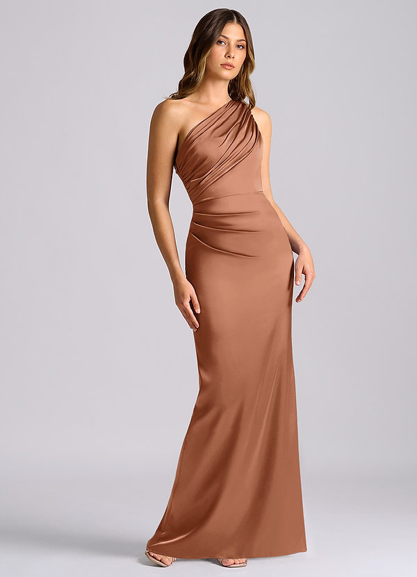 Azazie Akilah Brudtärneklänningar Klänning av Sjöjungfru i Stretch Satin One-shoulder Bronzer image1