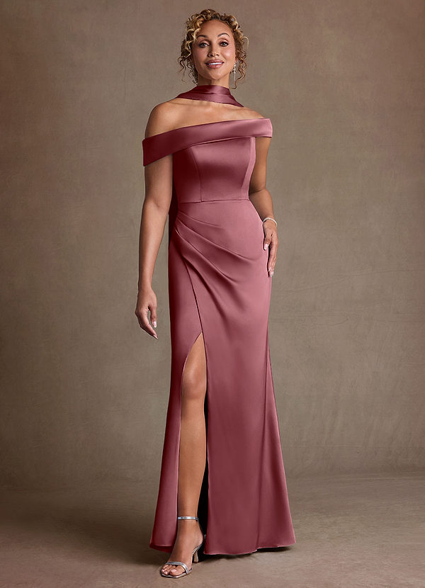 Azazie Kamala 신부의 어머니 드레스 쉬스 한쪽 어깨 스트레치 새틴 플로어 길이 드레스 image1