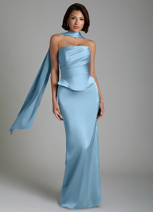 Azazie Harlow Vestidos de dama de honor Vestido Azul Acero de Satén Elástico de Corte Recto con Corsé image1